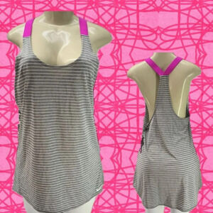 Nike S Gray Striped Logo Neon Pink Straps Curved Hem Scoop Neck Racerback Tank